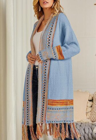 Misassy Womens Boho مفتوحة الأمام الوجهين سترة سترة طويلة فضفاضة طويلة الأكمام تطريز الشرابات كيمونو Duster Outwear in Kuwait