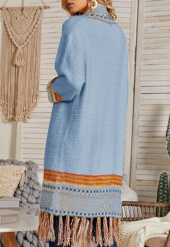 Misassy Womens Boho مفتوحة الأمام الوجهين سترة سترة طويلة فضفاضة طويلة الأكمام تطريز الشرابات كيمونو Duster Outwear in Kuwait