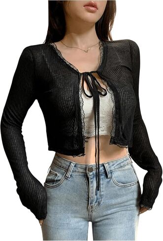 GORGLITTER Women's Tie Front Cardigans Y2K Long Sleeve Lightweight Lace Trim Cropped Sweater Tops in Saudi Arabia