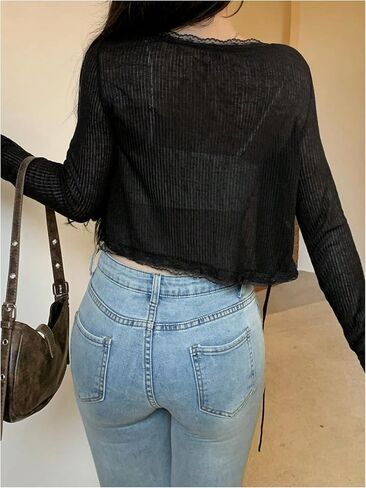 GORGLITTER Women's Tie Front Cardigans Y2K Long Sleeve Lightweight Lace Trim Cropped Sweater Tops in Saudi Arabia