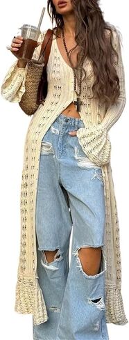 Womens Crochet Maxi Cardigan Sweaters Open Front Knit Long Sleeve Duster Cardigan Casual Winter Outfits(Small) in Saudi Arabia