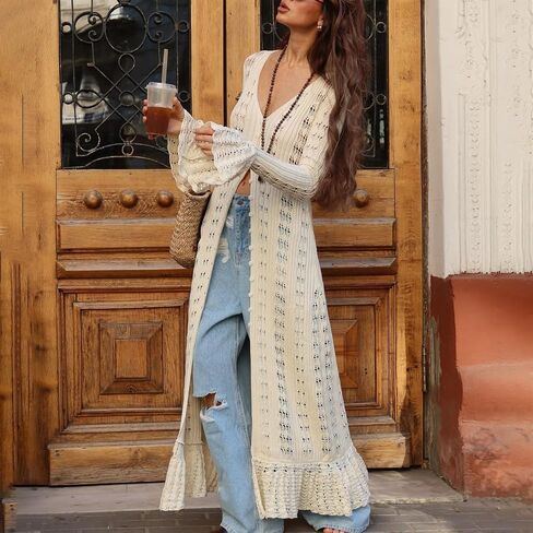 Womens Crochet Maxi Cardigan Sweaters Open Front Knit Long Sleeve Duster Cardigan Casual Winter Outfits(Small) in Saudi Arabia