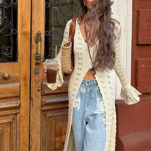 Womens Crochet Maxi Cardigan Sweaters Open Front Knit Long Sleeve Duster Cardigan Casual Winter Outfits(Small) in Saudi Arabia