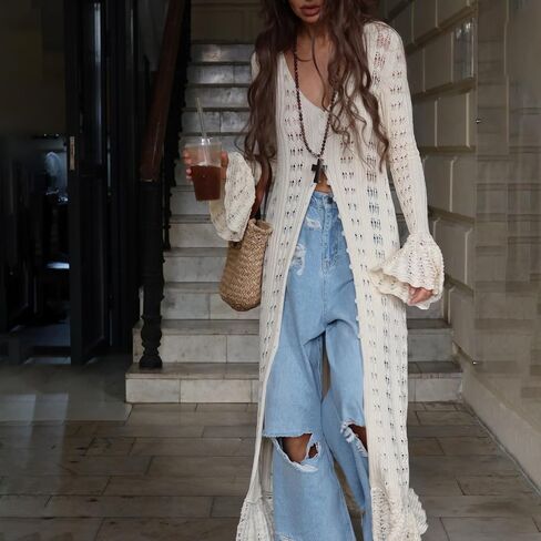 Womens Crochet Maxi Cardigan Sweaters Open Front Knit Long Sleeve Duster Cardigan Casual Winter Outfits(Small) in Saudi Arabia