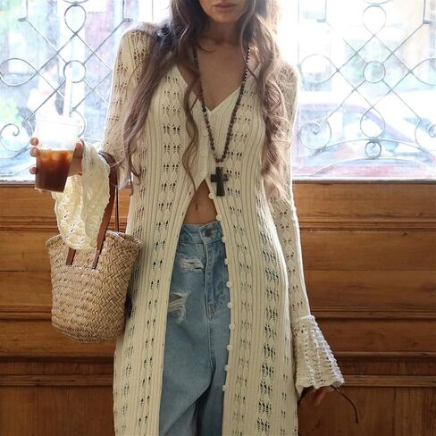 Womens Crochet Maxi Cardigan Sweaters Open Front Knit Long Sleeve Duster Cardigan Casual Winter Outfits(Small) in Saudi Arabia