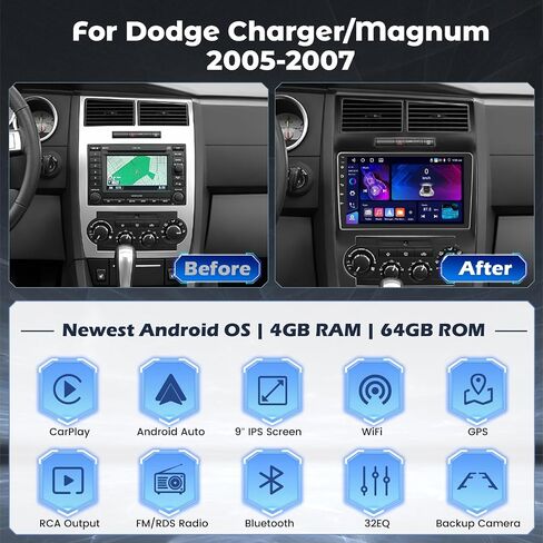 [2+64G] Hikity Android 13 Car Stereo for Dodge Charger/Magnum 2005-2007 Radio with Wireless Carplay Android Auto Mirror Link, 9 Inch Touchscreen GPS WiFi Bluetooth FM RDS MIC Backup Camera in Kuwait