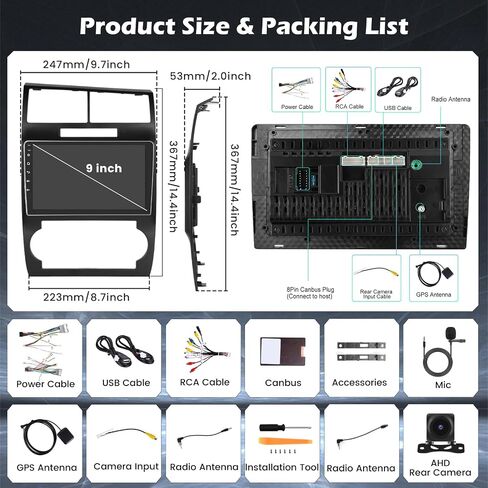 [2+64G] Hikity Android 13 Car Stereo for Dodge Charger/Magnum 2005-2007 Radio with Wireless Carplay Android Auto Mirror Link, 9 Inch Touchscreen GPS WiFi Bluetooth FM RDS MIC Backup Camera in Kuwait