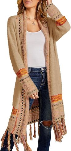 Misassy Womens Boho Open Front Long Cardigans Sweater Loose Long Sleeve Embroidery Tassels Kimono Duster Outwear in Kuwait