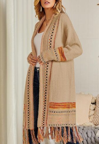Misassy Womens Boho Open Front Long Cardigans Sweater Loose Long Sleeve Embroidery Tassels Kimono Duster Outwear in Kuwait