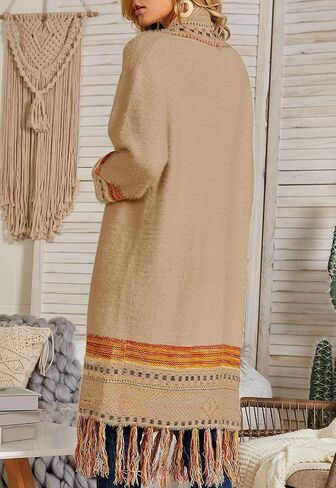 Misassy Womens Boho Open Front Long Cardigans Sweater Loose Long Sleeve Embroidery Tassels Kimono Duster Outwear in Kuwait