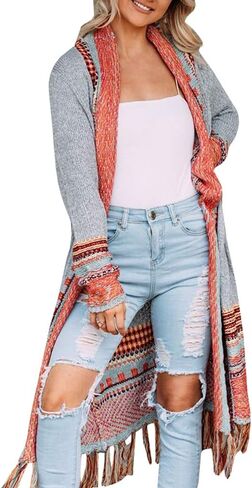 Misassy Womens Boho Open Front Long Cardigans Sweater Loose Long Sleeve Embroidery Tassels Kimono Duster Outwear in Kuwait