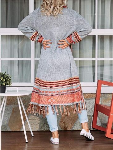 Misassy Womens Boho Open Front Long Cardigans Sweater Loose Long Sleeve Embroidery Tassels Kimono Duster Outwear in Kuwait