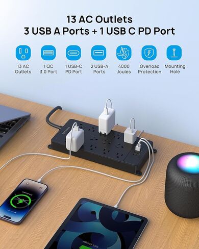 TROND Surge Protector Power Strip, 360° Rotating Flat Plug, 13AC Widely Spaced Outlets Expansion with USB C Port, 4000 Joules, 5ft Extension Cord Heavy Duty, Wall Mount, Under Desk, ETL Listed, Black in Kuwait
