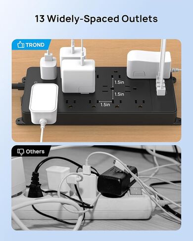 TROND Surge Protector Power Strip, 360° Rotating Flat Plug, 13AC Widely Spaced Outlets Expansion with USB C Port, 4000 Joules, 5ft Extension Cord Heavy Duty, Wall Mount, Under Desk, ETL Listed, Black in Kuwait
