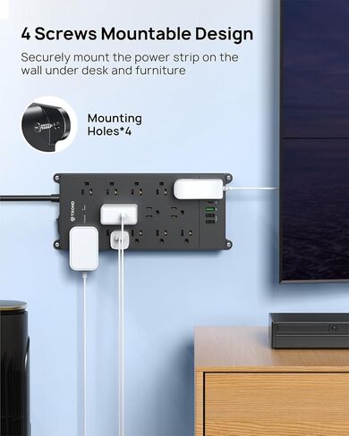 TROND Surge Protector Power Strip, 360° Rotating Flat Plug, 13AC Widely Spaced Outlets Expansion with USB C Port, 4000 Joules, 5ft Extension Cord Heavy Duty, Wall Mount, Under Desk, ETL Listed, Black in Kuwait