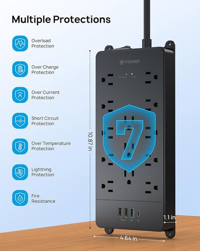 TROND Surge Protector Power Strip, 360° Rotating Flat Plug, 13AC Widely Spaced Outlets Expansion with USB C Port, 4000 Joules, 5ft Extension Cord Heavy Duty, Wall Mount, Under Desk, ETL Listed, Black in Kuwait