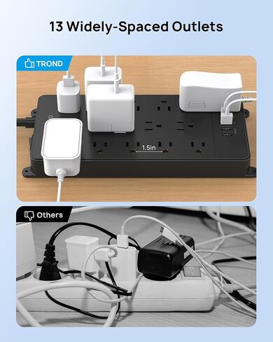 TROND Surge Protector Power Strip, 360° Rotating Flat Plug, 13AC Widely Spaced Outlets Expansion with USB C Port, 4000 Joules, 5ft Extension Cord Heavy Duty, Wall Mount, Under Desk, ETL Listed, Black in Saudi Arabia