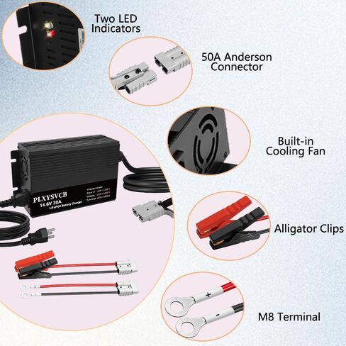 14.6V 30A LiFePO4 Battery Charger, 14.6V Lithium Battery Charger, Bulit-in Cooling Fan, Support Fast Charging, Suitable for 12 Volt Automotive Trailer RV SUV Motorbike Boats and More in Kuwait
