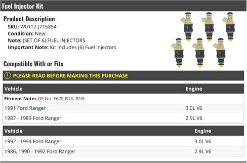 مجموعة حقن الوقود - 6 قطعة - متوافقة مع 1986-1994 Ford Ranger 2.9L 3.0L V6 in Saudi Arabia