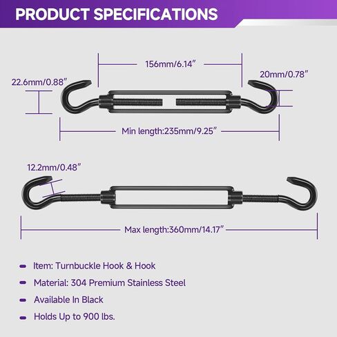 4Pcs M8 304 Stainless Steel Hook & Turnbuckle Hook, 600lbs Capacity Heavy Duty Black Turnbuckles for Wire Rope Tension, Sun Shade Tent Hardware, Shade Sail Installation. in Saudi Arabia