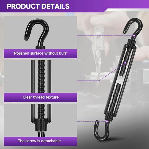 4Pcs M8 304 Stainless Steel Hook & Turnbuckle Hook, 600lbs Capacity Heavy Duty Black Turnbuckles for Wire Rope Tension, Sun Shade Tent Hardware, Shade Sail Installation. in Saudi Arabia