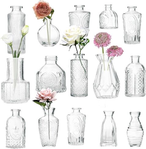 Glass Bud Vases Set of of 12/15/33, Small Bud Vase in Bulk, MIni Flower Vase for Centerpiece, Vintage Decorative Clear Vase Set for Flowers, Wedding Reception, Christmas, Home Décor (Multicolor-12pcs) in Kuwait