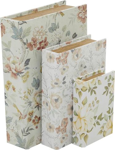 DECO 79 Canvas Tiginative Box Faux Storage Book Book book book مع أنماط زهرية وردية وزرقاء ، مجموعة من 3 صناديق تذكار ديكور 12 "، 9" ، 6 "H ، أبيض in Saudi Arabia