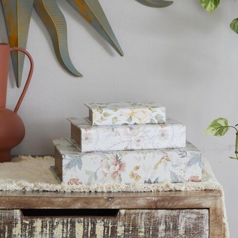 DECO 79 Canvas Tiginative Box Faux Storage Book Book book book مع أنماط زهرية وردية وزرقاء ، مجموعة من 3 صناديق تذكار ديكور 12 "، 9" ، 6 "H ، أبيض in Saudi Arabia