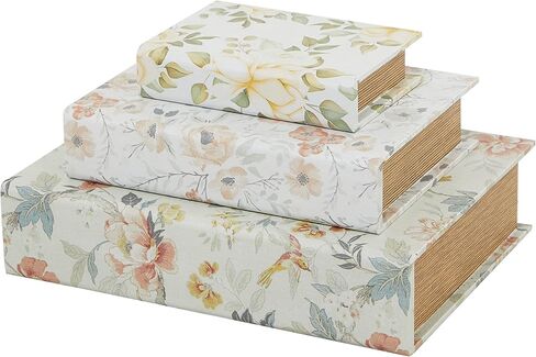 DECO 79 Canvas Tiginative Box Faux Storage Book Book book book مع أنماط زهرية وردية وزرقاء ، مجموعة من 3 صناديق تذكار ديكور 12 "، 9" ، 6 "H ، أبيض in Saudi Arabia