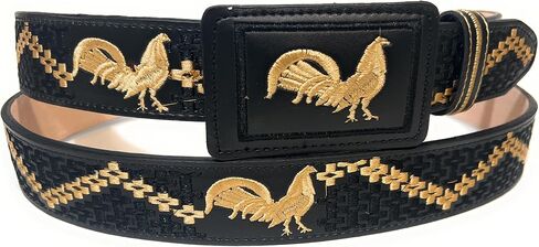 Men's Rooster Embroidered Western Leather Belt, Black and Gold Cinto Vaquero Bordado Con Gallo in Saudi Arabia