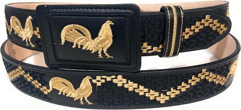 Men's Rooster Embroidered Western Leather Belt, Black and Gold Cinto Vaquero Bordado Con Gallo in Saudi Arabia