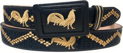 Men's Rooster Embroidered Western Leather Belt, Black and Gold Cinto Vaquero Bordado Con Gallo in Saudi Arabia