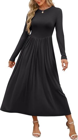 فستان نسائي متوسط ​​الطول بأكمام طويلة من ANRABESS لخريف 2024، فساتين محبوكة غير رسمية ذات ثنيات رفيعة مع جيوب in Kuwait