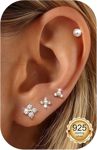 14K Gold Plated 925 Sterling Silver Stud Earrings for Women | Hypoallergenic Cartilage Earring for Sensitive Ears | Dainty Flower Chain Small Studs Hoop Earring Stacks Gold Stud Earrings Set in Saudi Arabia