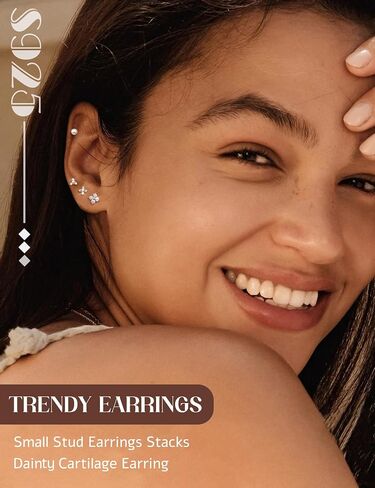 14K Gold Plated 925 Sterling Silver Stud Earrings for Women | Hypoallergenic Cartilage Earring for Sensitive Ears | Dainty Flower Chain Small Studs Hoop Earring Stacks Gold Stud Earrings Set in Saudi Arabia