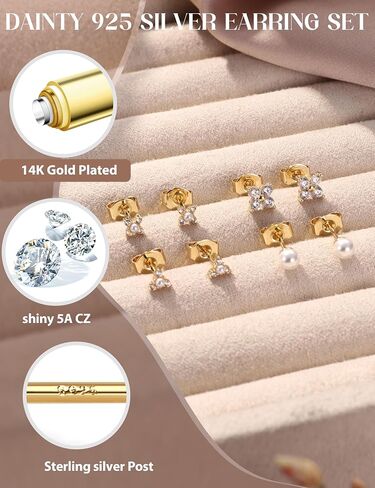 14K Gold Plated 925 Sterling Silver Stud Earrings for Women | Hypoallergenic Cartilage Earring for Sensitive Ears | Dainty Flower Chain Small Studs Hoop Earring Stacks Gold Stud Earrings Set in Saudi Arabia