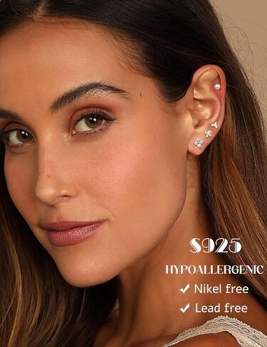 14K Gold Plated 925 Sterling Silver Stud Earrings for Women | Hypoallergenic Cartilage Earring for Sensitive Ears | Dainty Flower Chain Small Studs Hoop Earring Stacks Gold Stud Earrings Set in Saudi Arabia