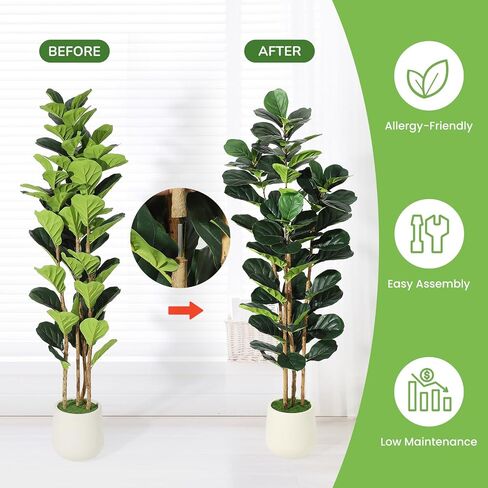 5FT Artificial Fiddle Leaf Fig Tree - Faux Rubber Tree with White Pot - Tall Fake Floor Plant with 56 Leaves - Artificial Plant for Home Decor Indoor Office Living Room in Saudi Arabia