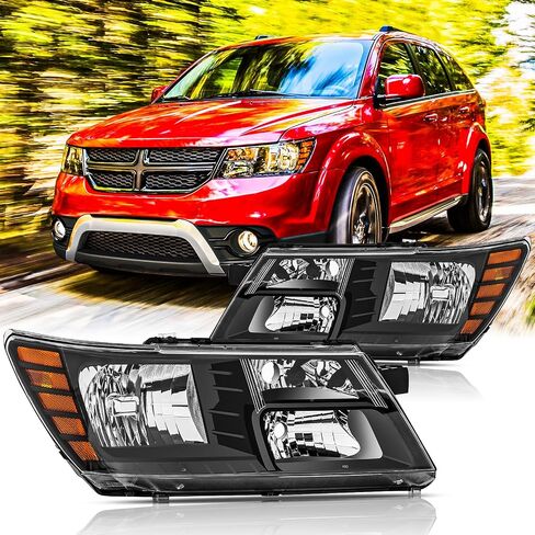 Headlights Assembly Pair for 2009-2020 Dodge Journey Halogen Headlamps Replacement Driver and Passenger Side (LH RH),Black Housing Amber Reflector in Kuwait