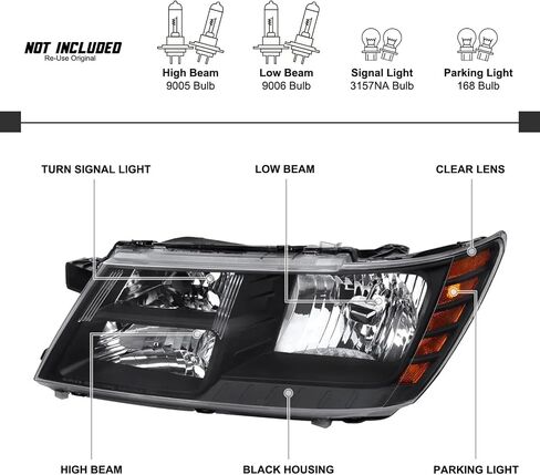 Headlights Assembly Pair for 2009-2020 Dodge Journey Halogen Headlamps Replacement Driver and Passenger Side (LH RH),Black Housing Amber Reflector in Kuwait