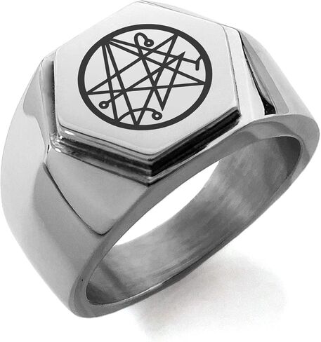 Stainless Steel Necronomicon Talisman Rune Hexagon Crest Flat Top Biker Style Polished Ring in Saudi Arabia