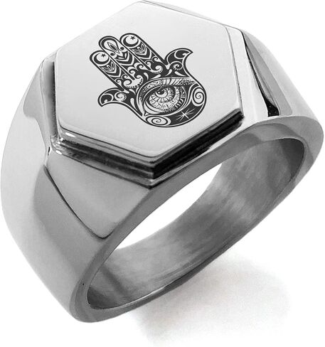 Stainless Steel Crescent Hamsa Hand of Fatima Hexagon Crest Flat Top Biker Style Polished Ring in Saudi Arabia