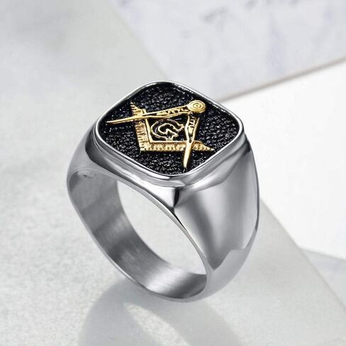 Mens Stainless Steel Silver With Gold Freemason Masonic Lodge Ring Size 7-15 in Saudi Arabia