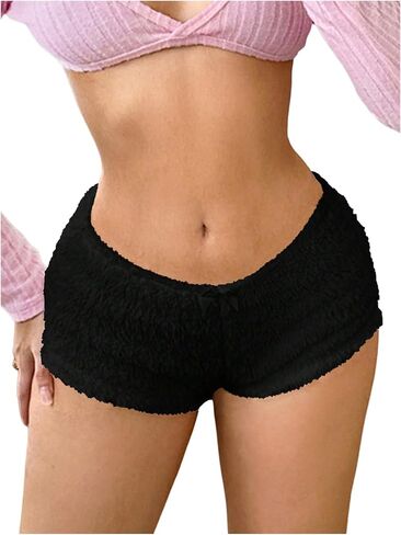 SweatyRocks Women's Bow Fuzzy Shorts Split Low Rise Fitted Lounge Shorts in Saudi Arabia