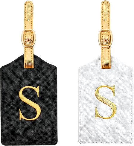 2 Pcs Monogram Luggage Tags for Travel, Initial Bag Tags with Gold Embroidered Letters and Gold Straps, Perfect for Suitcases, Backpacks and Gifts (Black/White+Gold Strap, S) in Kuwait