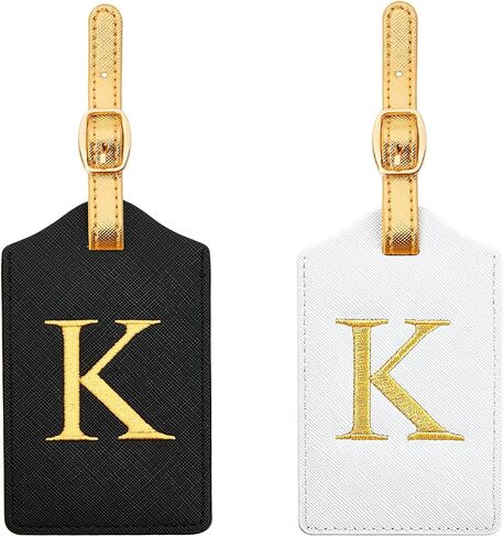 2 Pcs Monogram Luggage Tags for Travel, Initial Bag Tags with Gold Embroidered Letters and Gold Straps, Perfect for Suitcases, Backpacks and Gifts (Black/White+Gold Strap, S) in Kuwait