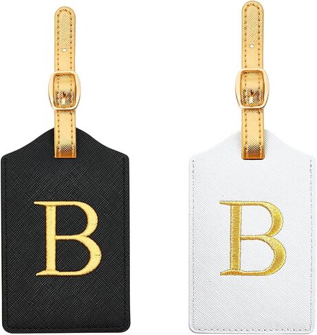 2 Pcs Monogram Luggage Tags for Travel, Initial Bag Tags with Gold Embroidered Letters and Gold Straps, Perfect for Suitcases, Backpacks and Gifts (Black/White+Gold Strap, S) in Kuwait