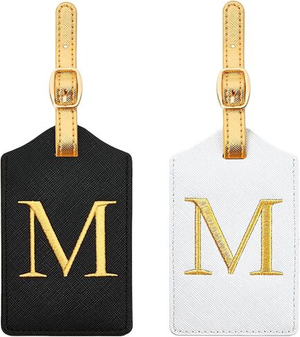2 Pcs Monogram Luggage Tags for Travel, Initial Bag Tags with Gold Embroidered Letters and Gold Straps, Perfect for Suitcases, Backpacks and Gifts (Black/White+Gold Strap, S) in Kuwait