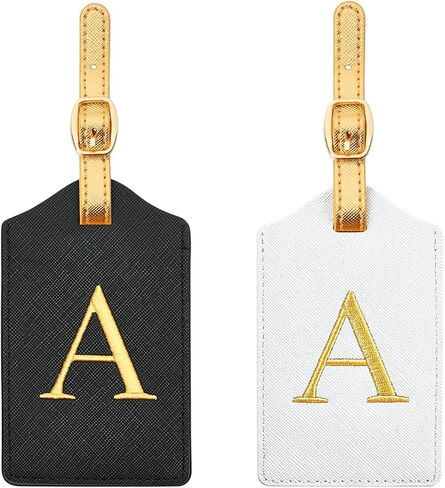 2 Pcs Monogram Luggage Tags for Travel, Initial Bag Tags with Gold Embroidered Letters and Gold Straps, Perfect for Suitcases, Backpacks and Gifts (Black/White+Gold Strap, S) in Kuwait