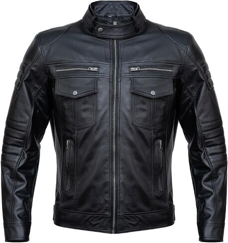 Men Cafe Racer Motorcycle Style Solid Coll Color Jacket | سترة جلدية بنية رفيعة in Kuwait